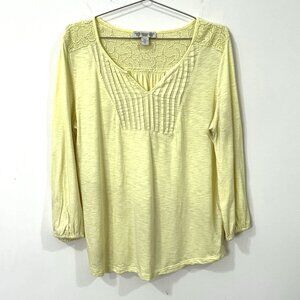 VINTAGE AMERICA Fabiana Pleated Bib Boho Peasant Tunic Top Yellow Lace Yoke L